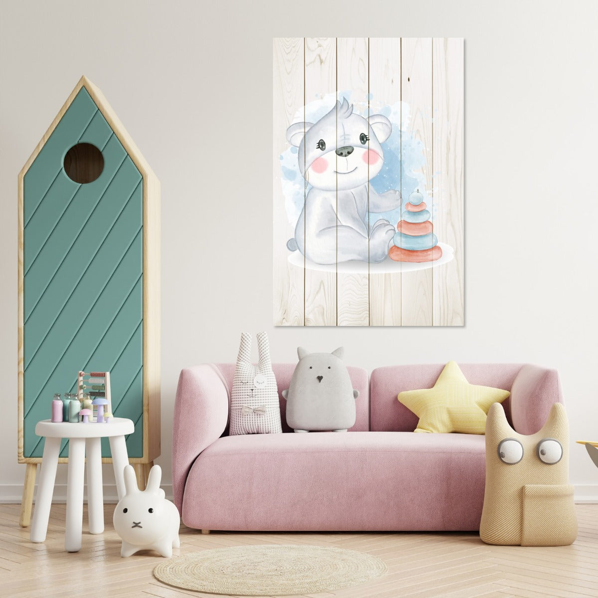 Bild Holz Niedlicher Koala spielt mit Spielzeug-20x30 cm