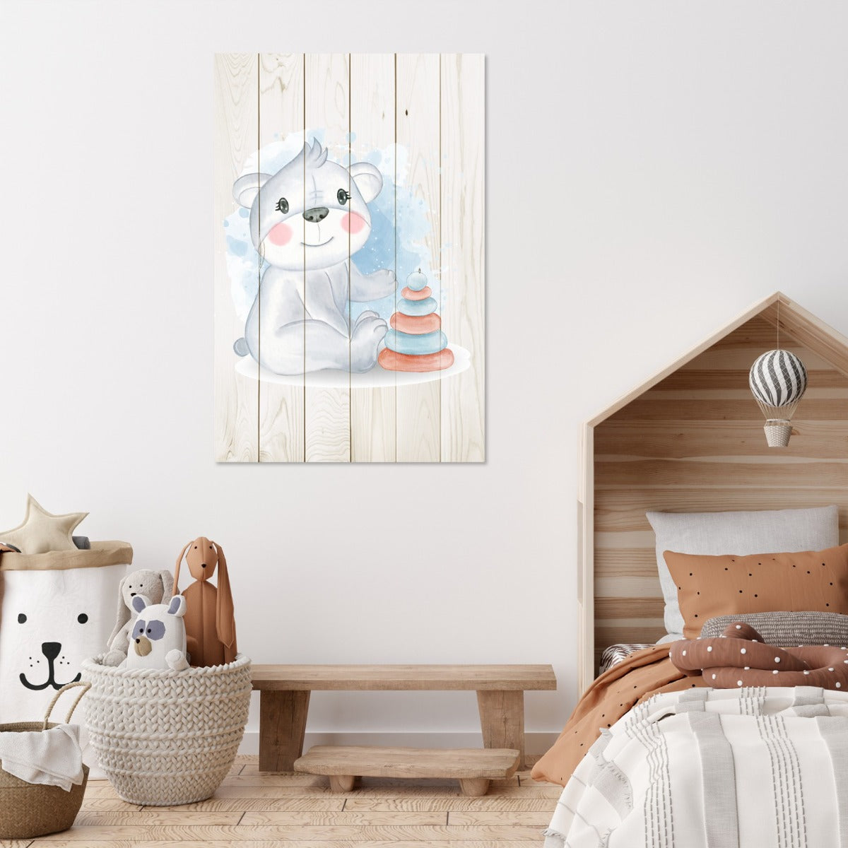 Bild Holz Niedlicher Koala spielt mit Spielzeug-20x30 cm