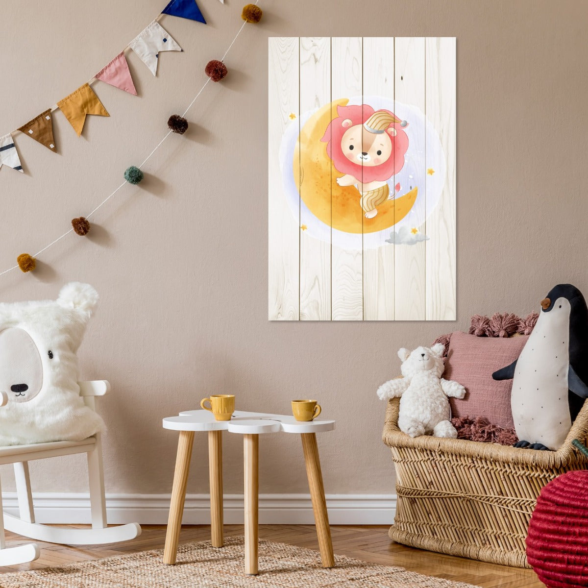Obraz Drevo Roztomilý Lev sediaci na Mesiaci-60x90 cm