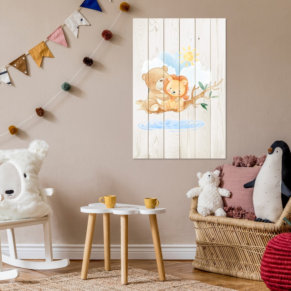 Obraz Wood Cute Little Lion and Bear-50x70 cm