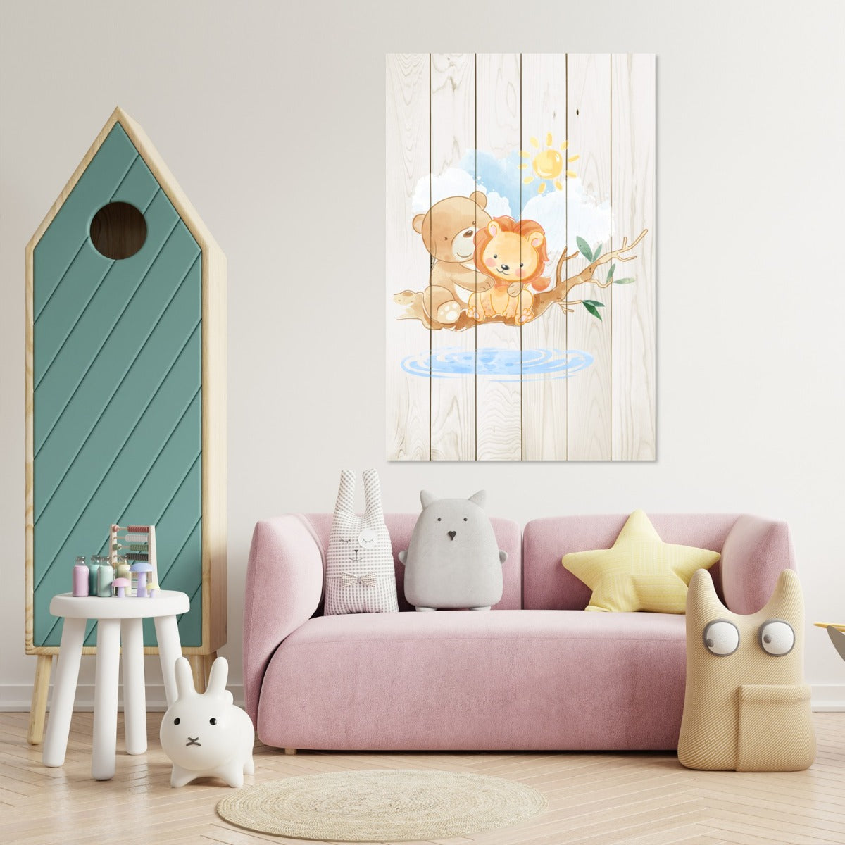 Obraz Wood Cute Little Lion and Bear-50x70 cm