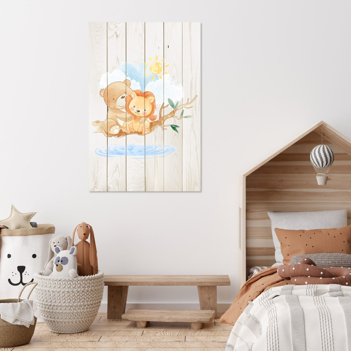 Obraz Wood Cute Little Lion and Bear-50x70 cm