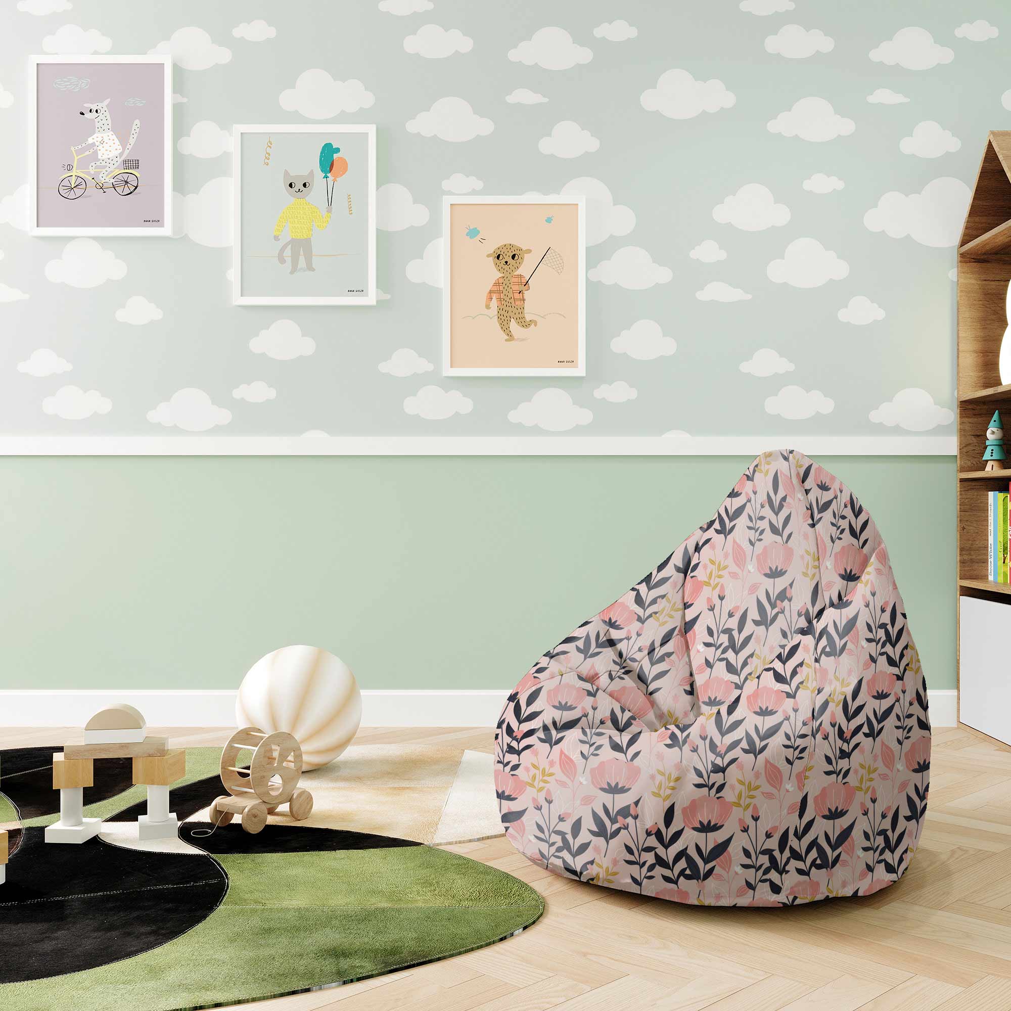 Pear-shaped Pouf Pink and Navy Flowers-S-Velvet