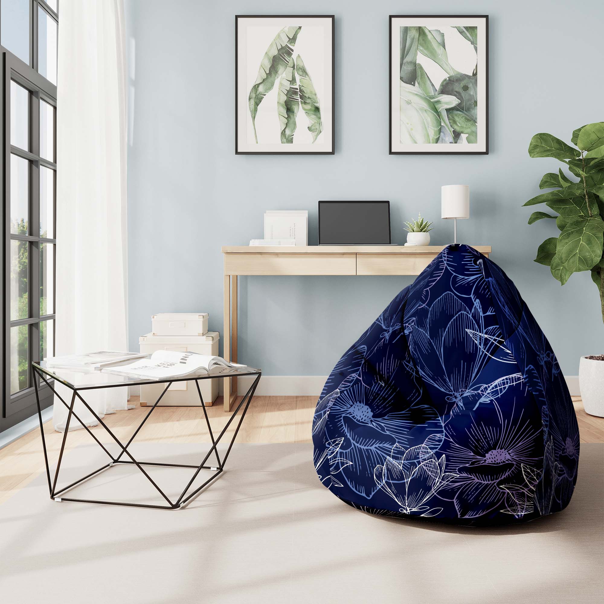 Puf Pearshape Navy Flowers-Zamat