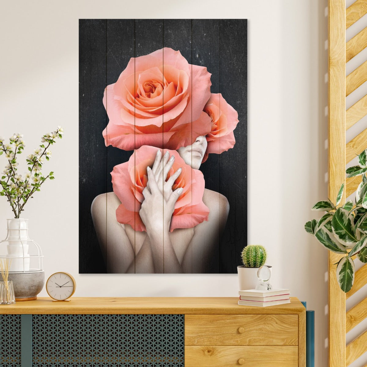 Obraz Wood Woman Hugging Flowers-70x90 cm