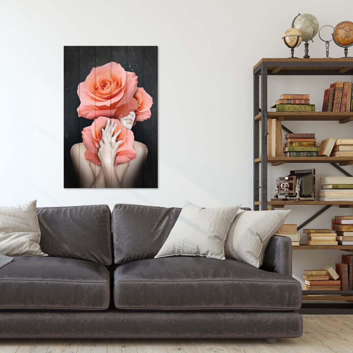 Obraz Wood Woman Hugging Flowers-70x90 cm