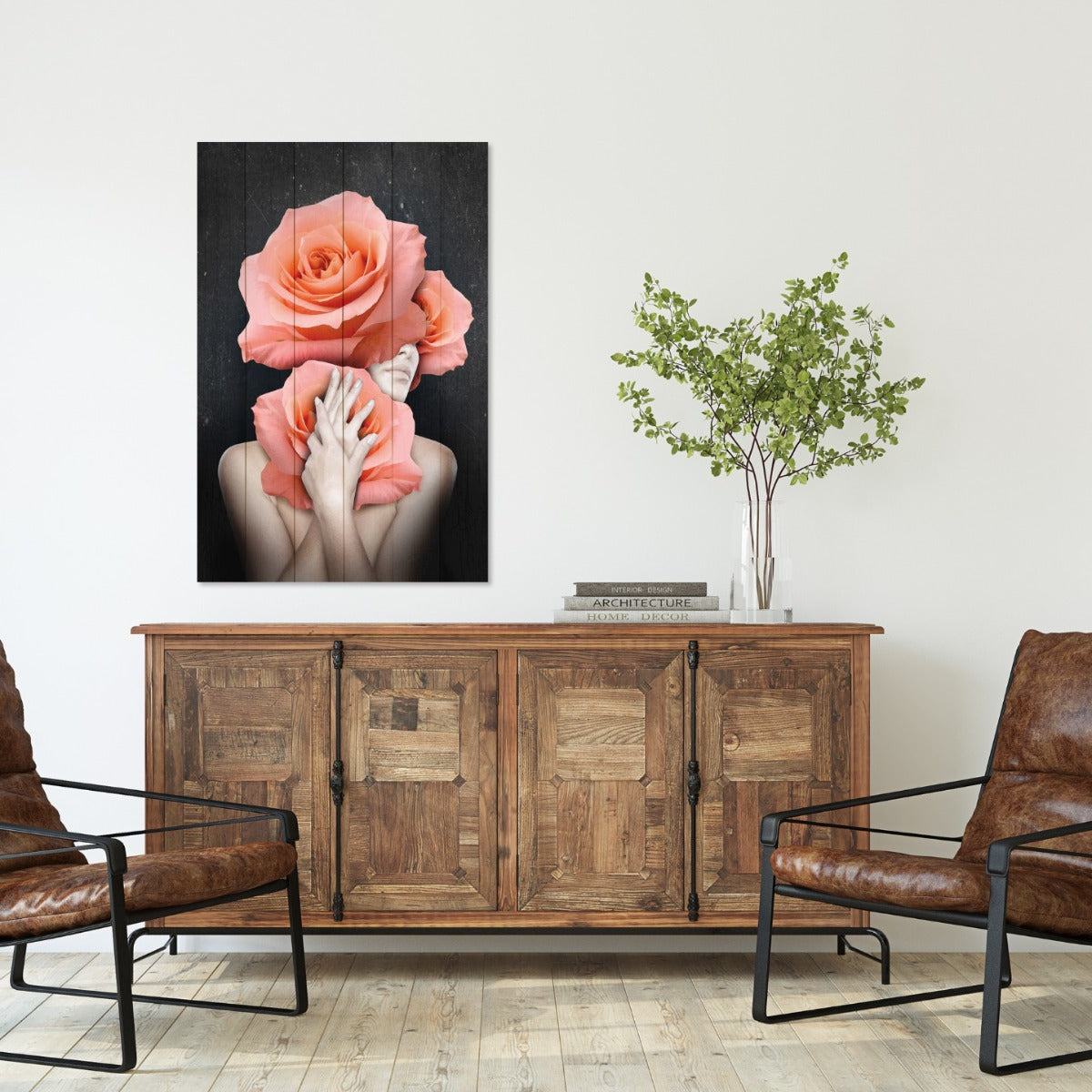 Obraz Wood Woman Hugging Flowers-70x90 cm
