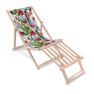 Drevené lehátko s drevenou podnožkou Flowers and Cactus