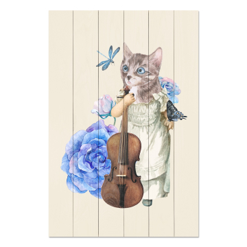 Obraz na dreve Cat with Fiddle in Flowers